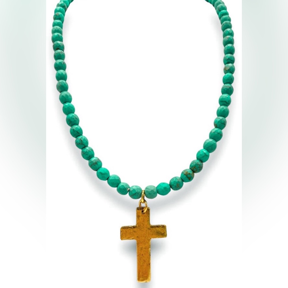 Virtue Brand Turquoise Beaded Necklace with Gold Cross Pendant